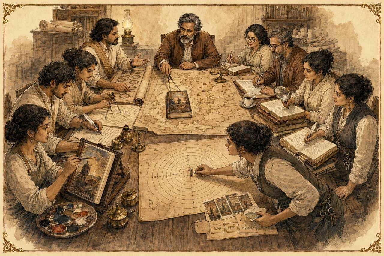 The whole Mandala at one long table, reviewing a single finished book — Chakravarti presides at the head over a chart of the market, Lakshya lays out the launch target and comparable titles, and the nine rishis work the manuscript with quill, compass, brush, magnifier, and balance.
