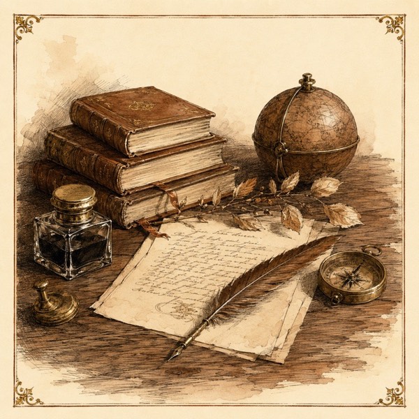 The Mandala — still-life of a writing desk with books, globe, compass, quill, and parchment